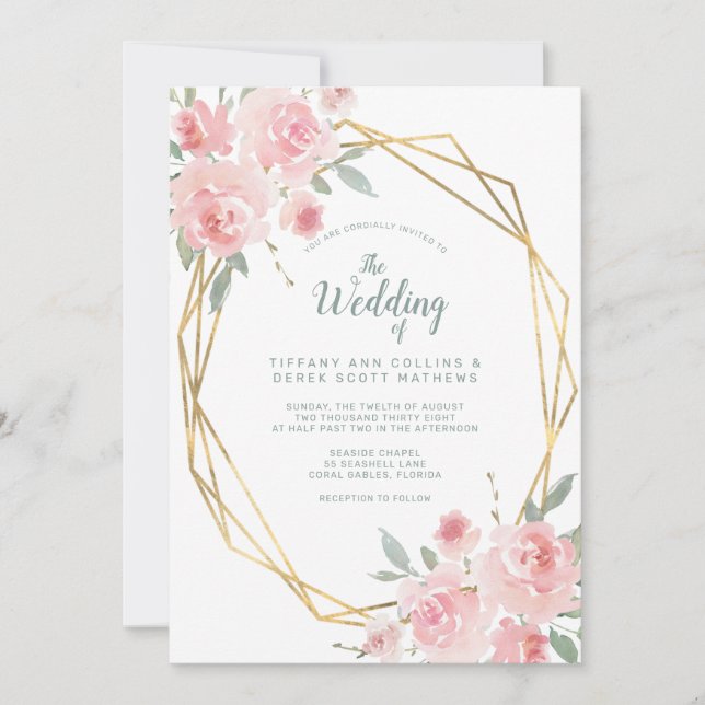Blush Pink Floral Gold geometrische Rahmen Hochzei Einladung (Vorderseite)
