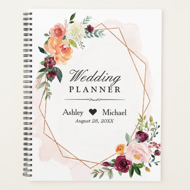 Blush Pink Floral Gold geometrische Rahmen Hochzei Planer (Vorderseite)