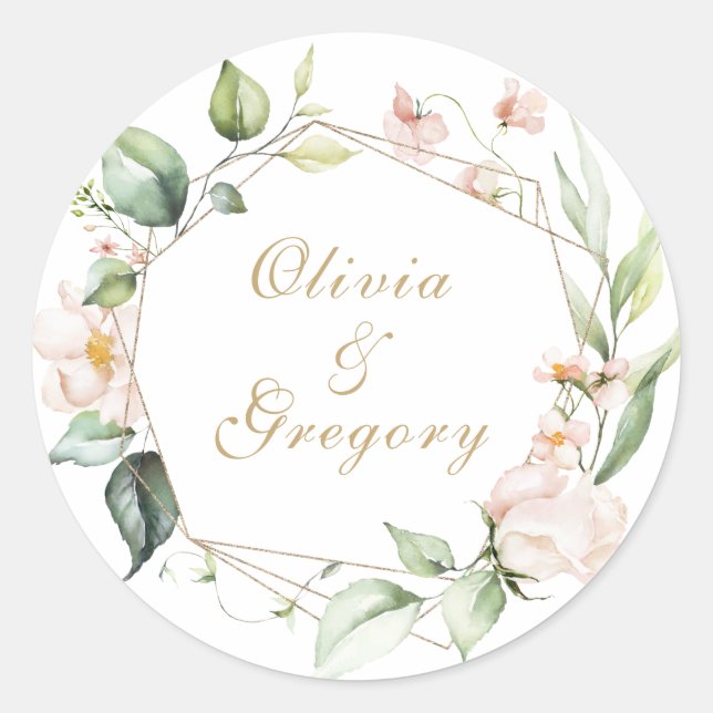 Blush Pink Floral Gold geometrische Rahmen Hochzei Runder Aufkleber (Vorderseite)