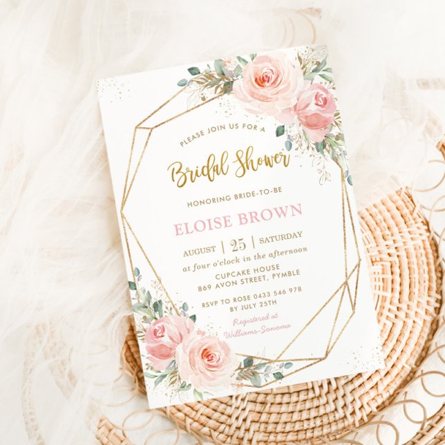 Blush Pink Floral Gold Geometrisches Brautparty In Einladung (Von Creator hochgeladen)