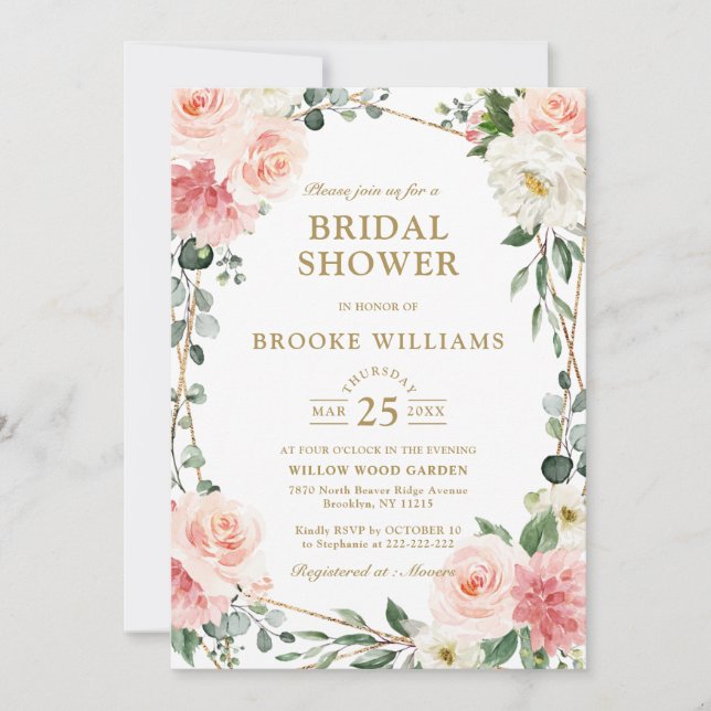 Blush Pink Floral Gold Geometrisches Brautparty In Einladung (Vorderseite)