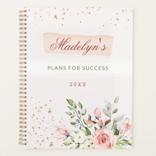 Blush Pink Floral Gold Glitzer Individuelle Name G Planer (Vorderseite)