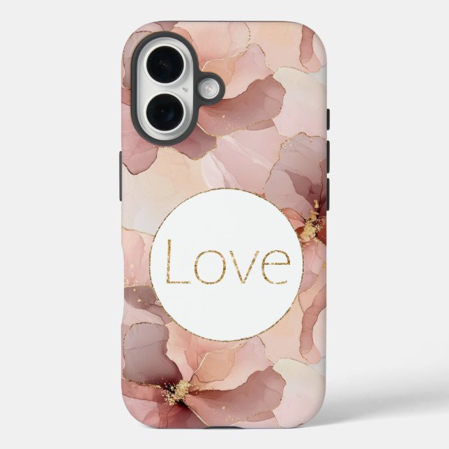 Blush Pink Floral Gold Glitzer Liebe iPhone 16 Hülle (Rückseite)