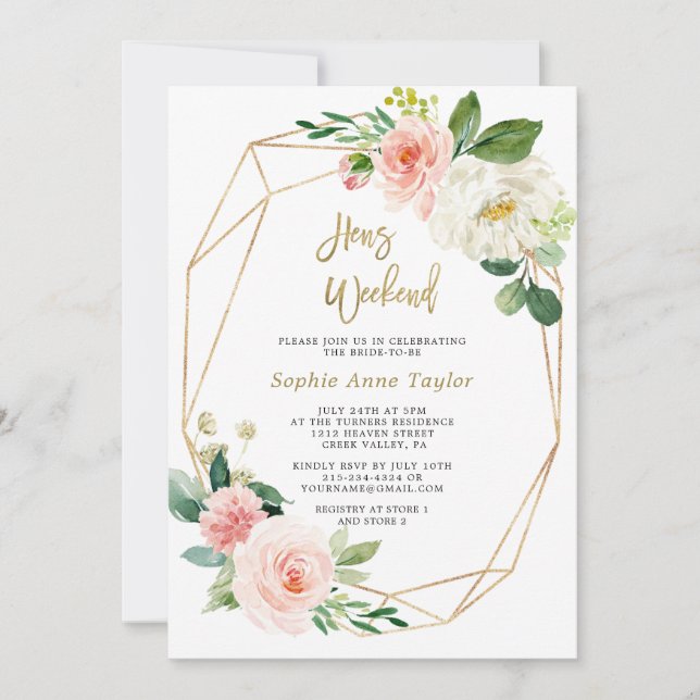 Blush Pink Floral Gold Rahmen Bachelorette Wochene Einladung (Vorderseite)
