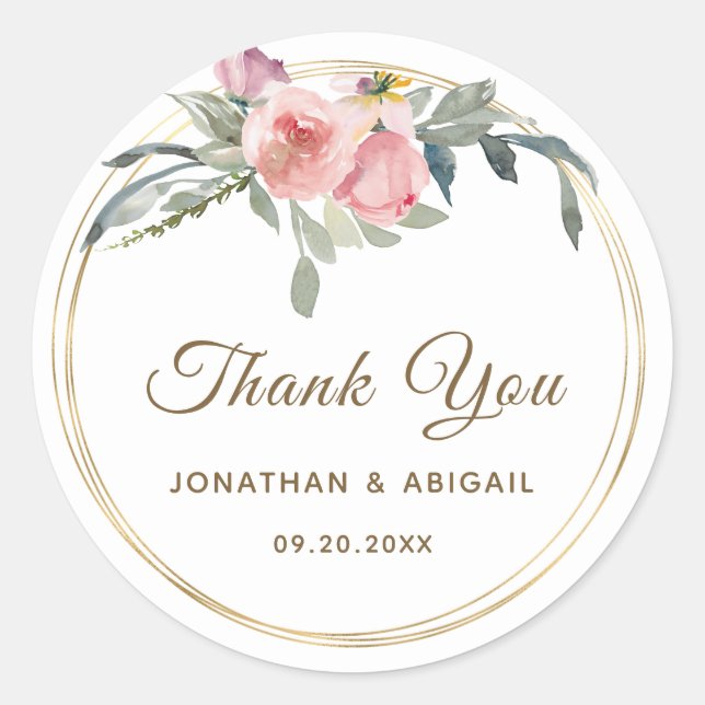 Blush Pink Floral Gold Rahmen Danke Hochzeit Runder Aufkleber (Vorderseite)