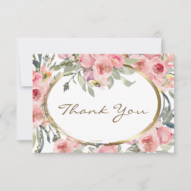 Blush Pink Floral Gold Rahmen Hochzeit Dankeskarte (Vorderseite)