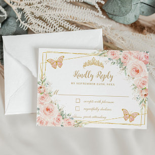 Blush Pink Floral Gold Schmetterlinge Quinceañera RSVP Karte