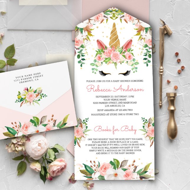 Blush Pink Floral Gold Unicorn Kinderdusche All In One Einladung (Von Creator hochgeladen)