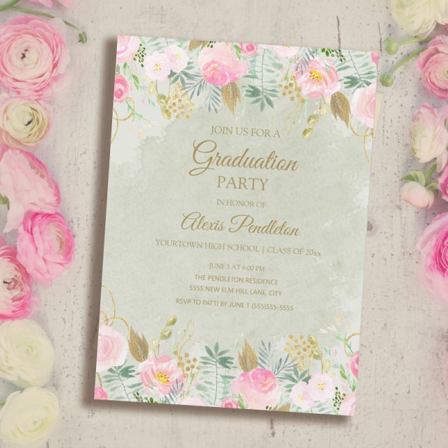 Blush Pink Floral Green Gold Graduation Party Einladung (Von Creator hochgeladen)