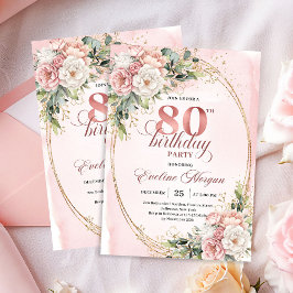 Blush Pink Floral Greenery Gold Glitter 80th Bday Einladung