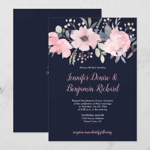 Blush Pink Floral Header auf Navy Hochzeit   Einladung