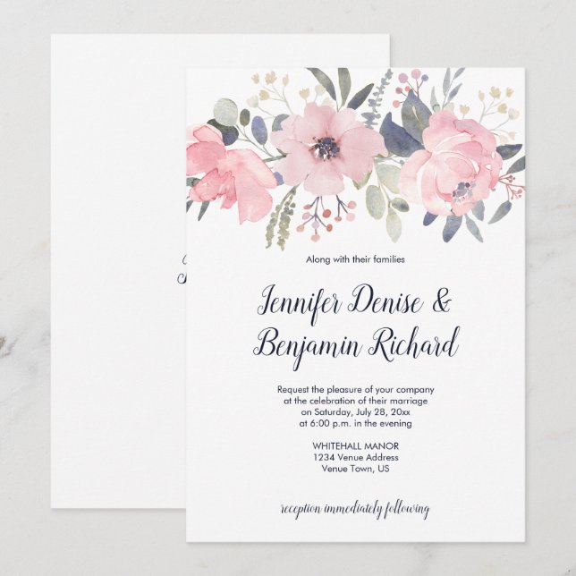 Blush Pink Floral Header Hochzeit | Einladung (Vorne/Hinten)