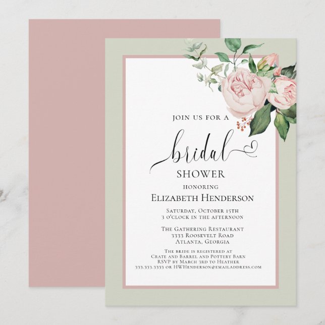 Blush Pink Floral Heft Script Brautparty Einladung (Vorne/Hinten)