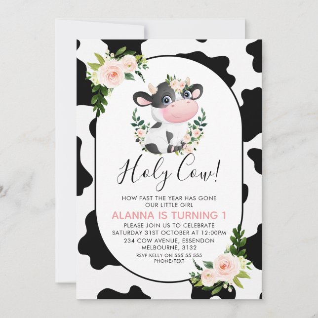 Blush Pink Floral Heilige Kuh Kuh Print Birthday Einladung (Vorderseite)