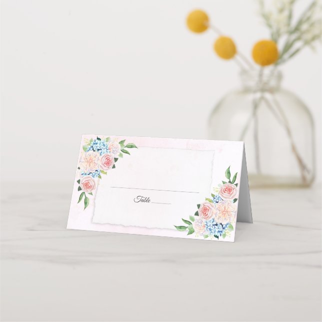 Blush Pink Floral Hydrangea Wasserfarbenhochzeit Platzkarte (Vorderseite)