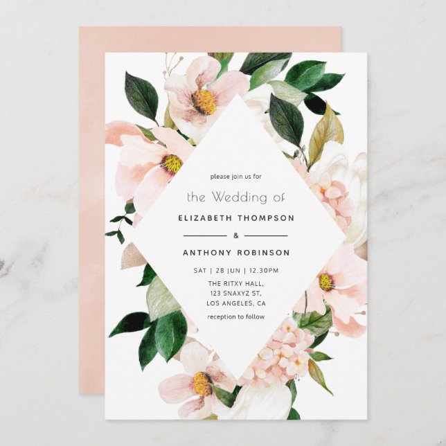 Blush Pink Floral Hydrangea Wedding Einladung (Vorne/Hinten)