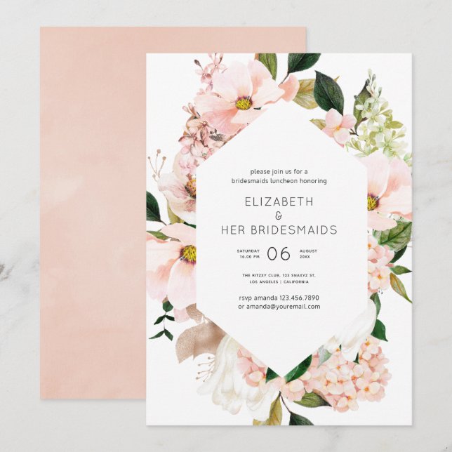 Blush Pink Floral Hydrangeas Bridesmaids Luncheon Einladung (Vorne/Hinten)