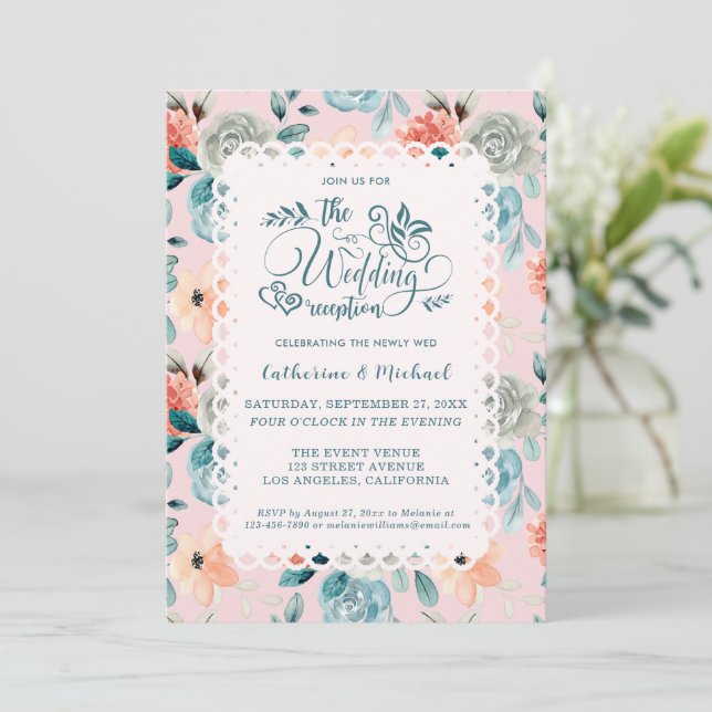 Blush Pink Floral Lace Elegante Hochzeitskalligrap Einladung (Stehend Vorderseite)
