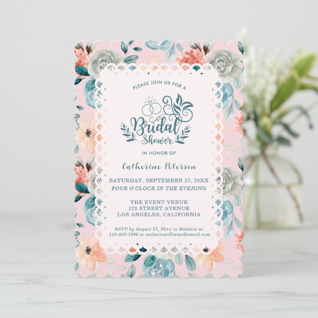 Blush Pink Floral Lace Elegante Hochzeitskalligrap Einladung (Stehend Vorderseite)