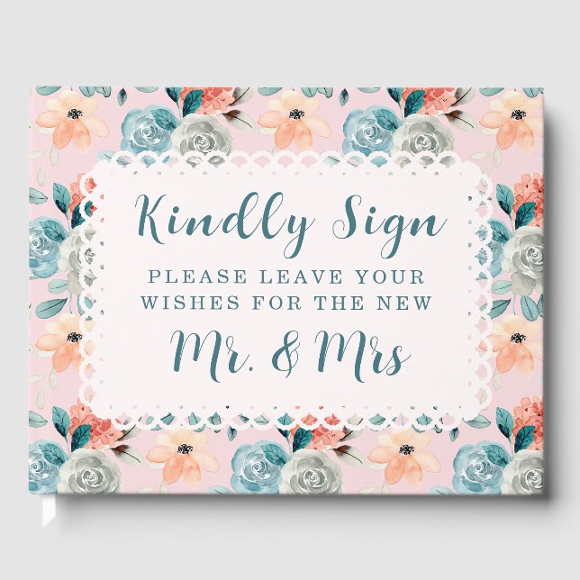 Blush Pink Floral Lace Elegante Hochzeitskalligrap Gästebuch (Vorderseite)