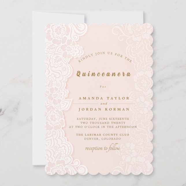 Blush Pink Floral Lace Quinceanera Einladung (Vorderseite)