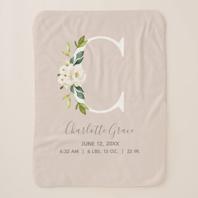 Blush Pink Floral Letter C Baby Script Geburtsstun Sherpadecke (Vorderseite)