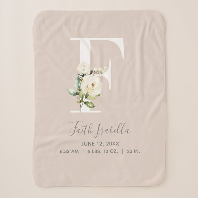 Blush Pink Floral Letter F Baby Script Birth Stats Sherpadecke (Vorderseite)
