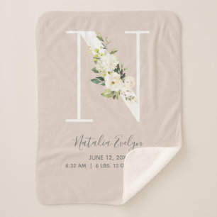 Blush Pink Floral Letter N Baby Script Geburtsstun Sherpadecke