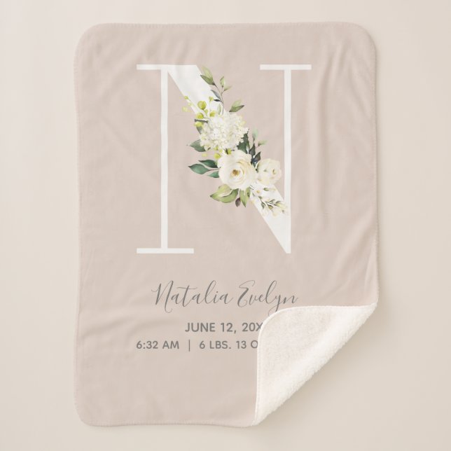 Blush Pink Floral Letter N Baby Script Geburtsstun Sherpadecke (Vorderseite)