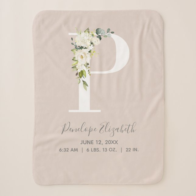 Blush Pink Floral Letter P Baby Script Geburtsstän Sherpadecke (Vorderseite)