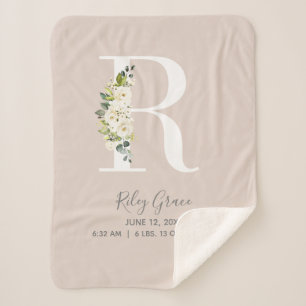 Blush Pink Floral Letter R Baby Script Geburtsstun Sherpadecke
