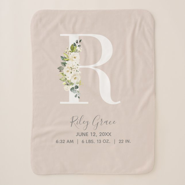 Blush Pink Floral Letter R Baby Script Geburtsstun Sherpadecke (Vorderseite)