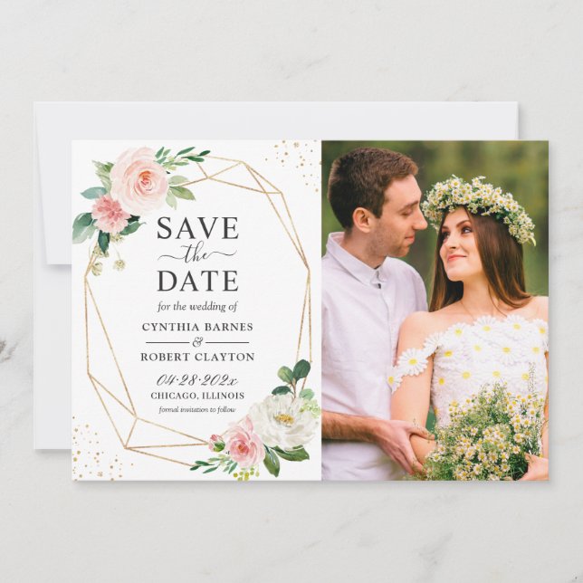 Blush Pink Floral Light Blue Gold Geometric Foto Save The Date (Vorderseite)
