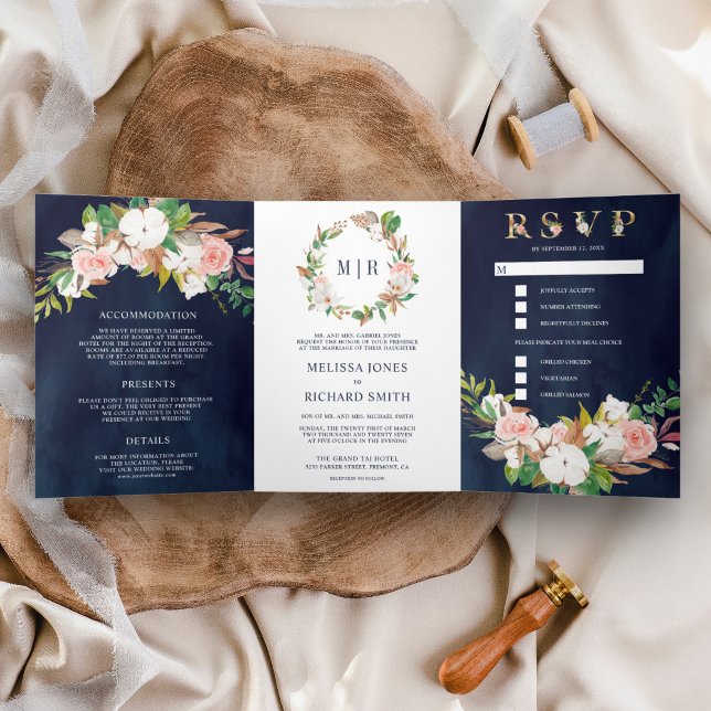 Blush Pink Floral Magnolia Cotton Navy Hochzeit Dreifach Gefaltete Einladung (Von Creator hochgeladen)
