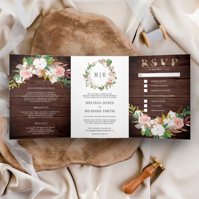 Blush Pink Floral Magnolia Cotton Wood Wedding Dreifach Gefaltete Einladung (Von Creator hochgeladen)