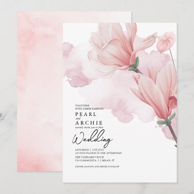 Blush Pink Floral Magnolia Wasserfarbenprägung Einladung (Vorne/Hinten)