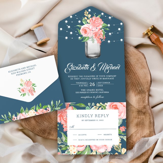 Blush Pink Floral Mason Jar Dusty Blue Wedding All In One Einladung (Von Creator hochgeladen)