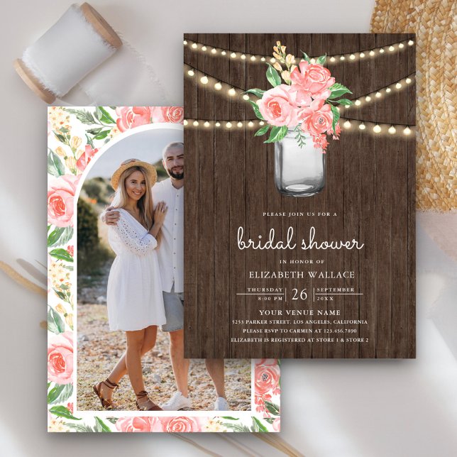 Blush Pink Floral Mason Jar Foto Brautparty Einladung (Von Creator hochgeladen)