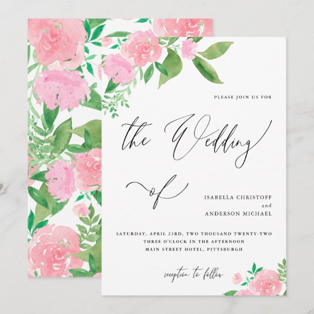 Blush Pink Floral mit kalligrafischer Hochzeit Einladung (Vorne/Hinten)