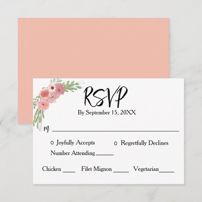 Blush Pink Floral Moderne Script Hochzeit RSVP Karte (Vorne/Hinten)