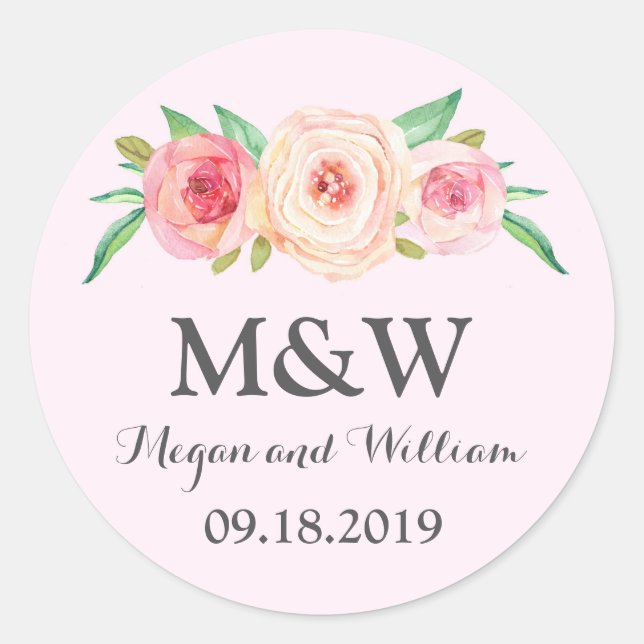 Blush Pink Floral Monogram Wedding Runder Aufkleber (Vorderseite)