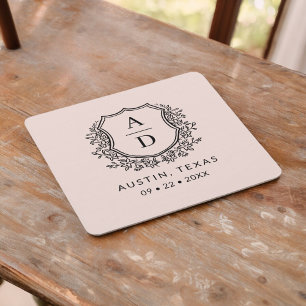 Blush Pink Floral Monogram Wedding Wappen Modernes Rechteckiger Pappuntersetzer