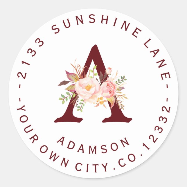 Blush Pink Floral Monogramm Circle Address Label Runder Aufkleber (Vorderseite)