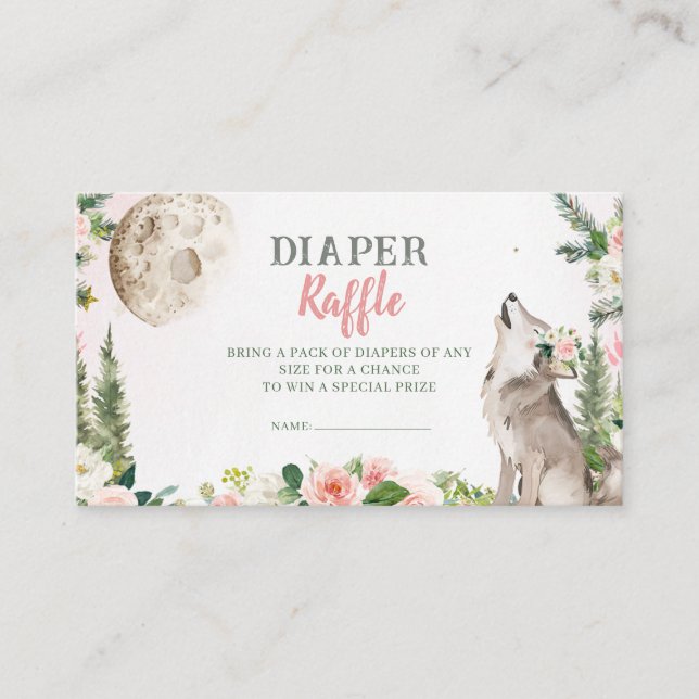 Blush Pink Floral Moon Forest Wolf Diaper Raffle Begleitkarte (Vorderseite)