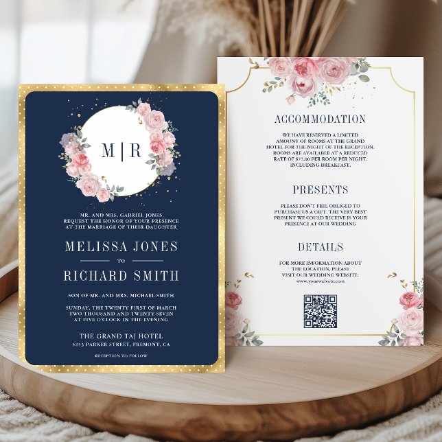 Blush Pink floral Navy Blau All in One Wedding Einladung (Von Creator hochgeladen)