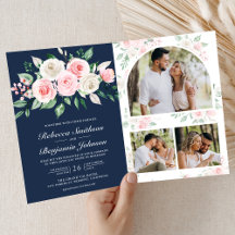 Blush Pink Floral Navy Blue QR Code Wedding