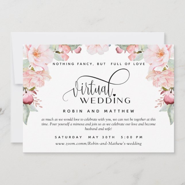 Blush Pink Floral Online Virtual Wedding Einladung (Vorderseite)