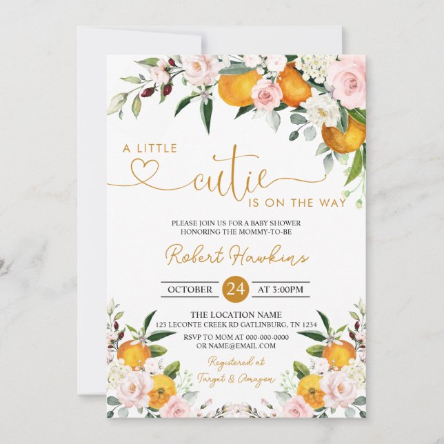 Blush Pink Floral, Orange Kleine Süsse Babydusche Einladung (Vorderseite)