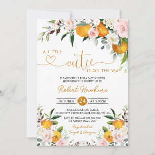 Blush Pink Floral, Orange Kleine Süsse Babydusche Einladung