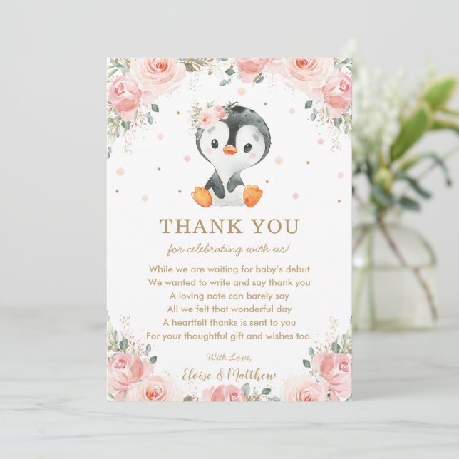 Blush Pink Floral Penguin Babydusche Geburtstag  Dankeskarte (Stehend Vorderseite)